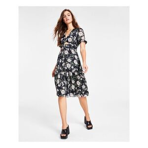 BAR III DRESSES Womens A-Line Below The Knee Dress Short Sleeve V Neck Lined